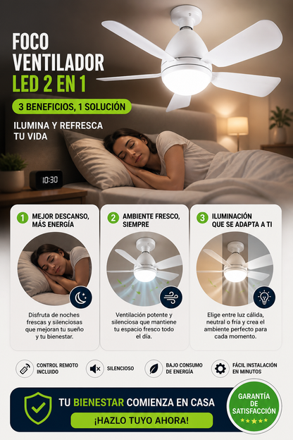 Foco Ventilador LED 2 en 1 con Control Remoto | Silencioso y Ahorra Energía