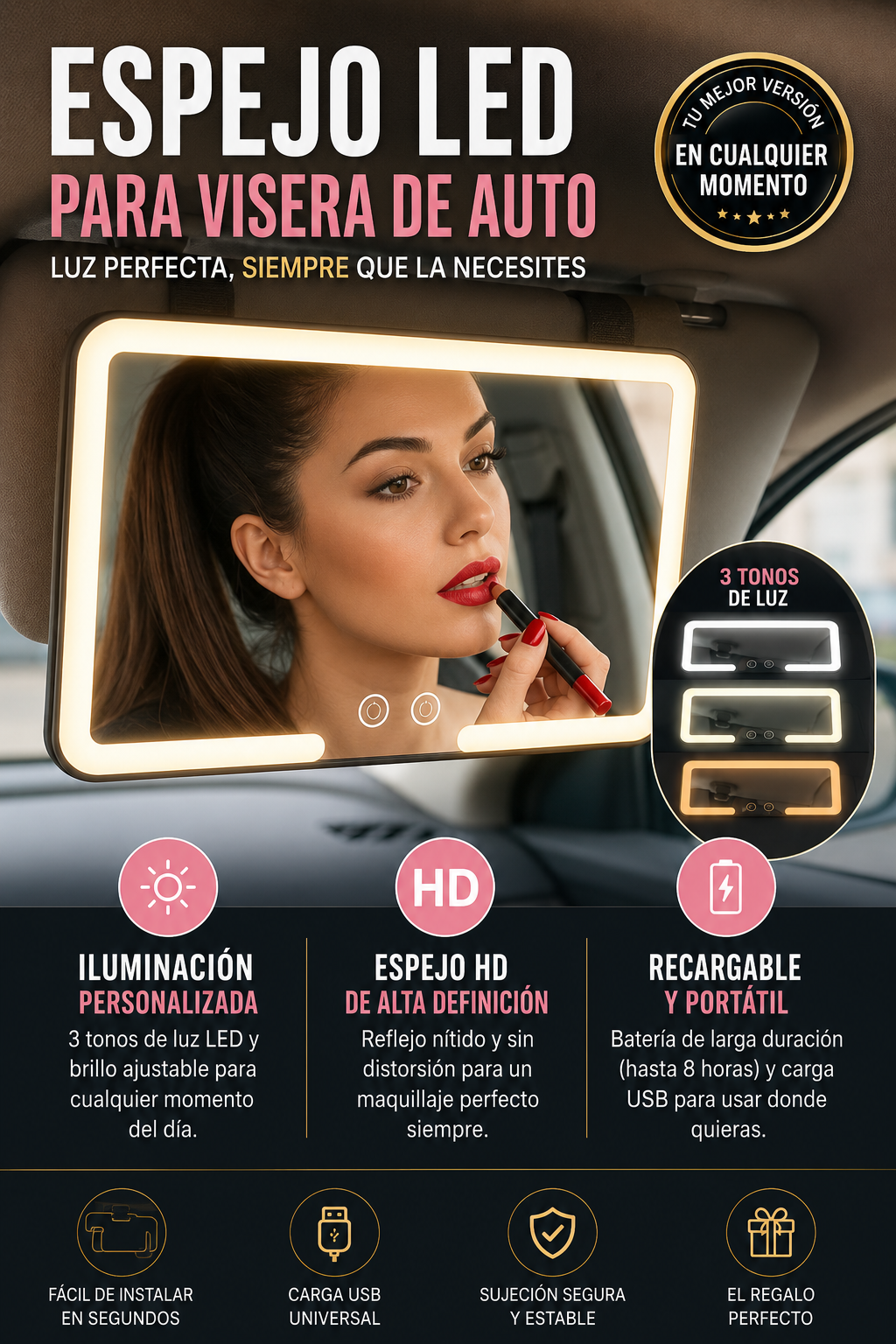 Espejo LED de Maquillaje profesional para auto.