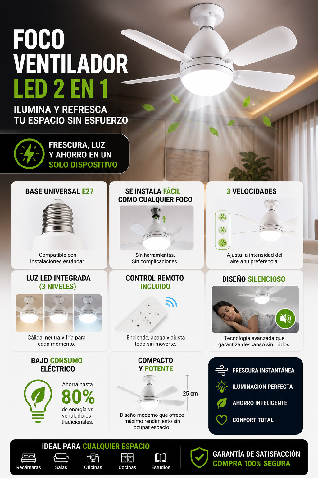 Foco Ventilador LED 2 en 1 con Control Remoto | Silencioso y Ahorra Energía