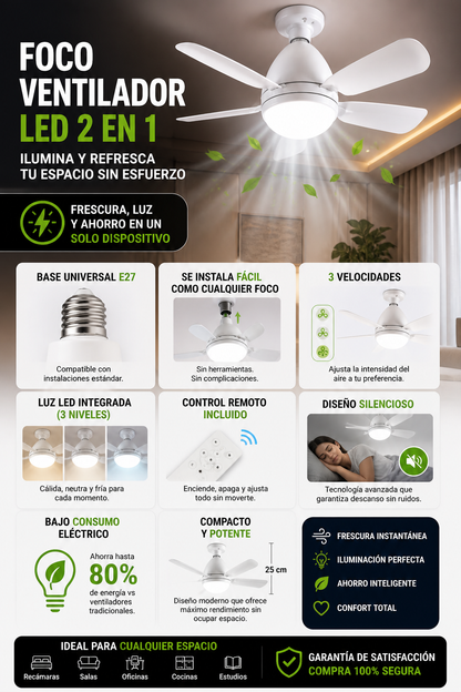 Foco Ventilador LED 2 en 1 con Control Remoto | Silencioso y Ahorra Energía